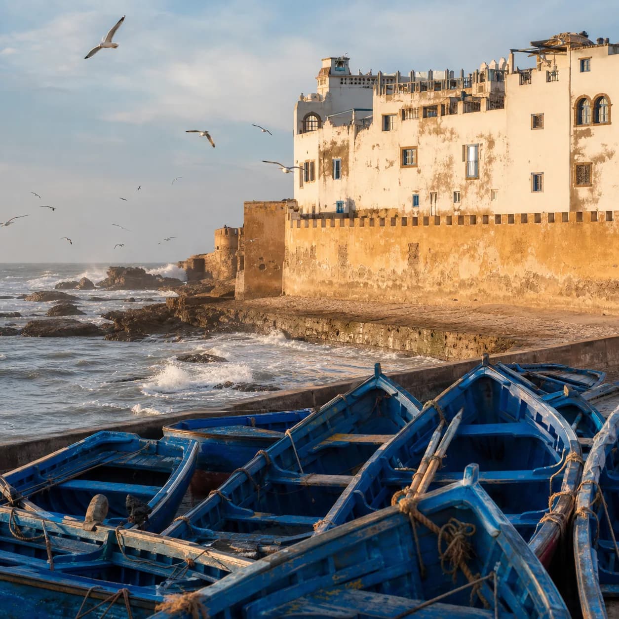 Bateaux bleus et remparts d’Essaouira au bord de l’Atlantique