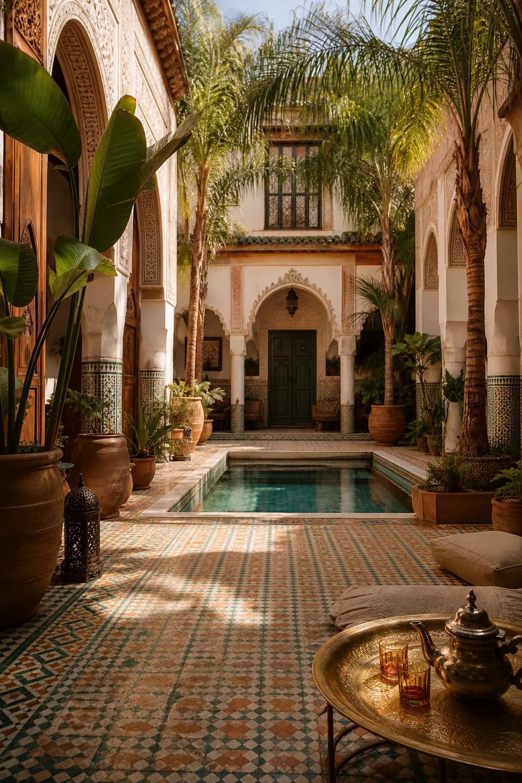 Riad marocain avec cour en zellige, palmiers et bassin